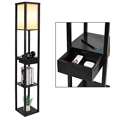 YU YUSING Stehlampe mit Holzregal 2 USB-Ladeanschlüsse und 1 Schublade Innenbeleuchtung 1,6m Holz Stehleuchte mit Regalen für Schlafzimmer und Wohnzimmer, schwarz