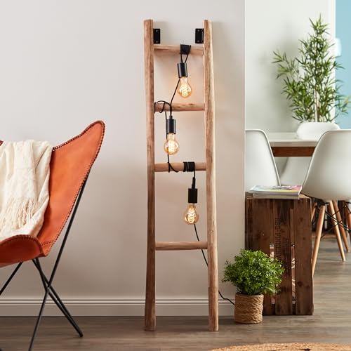 Lightbox rustikale Leiter Stehlampe aus Holz - 158 x 32 x 32 cm - Boho Standleuchte mit Fußschalter - 3 x E27, max. 14 W - aus Holz/Metall - in Schwarz/Holz