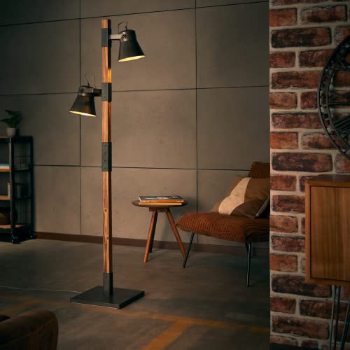 Lightbox 2 flammige Stehlampe - 153,5 cm Höhe x 51 cm Breite - rustikale Standleuchte mit Fußschalter und schwenkbaren Köpfen - 2 x E27 Fassung max. 10 W aus Metall/Holz in Schwarz Stahlfarben/Holz