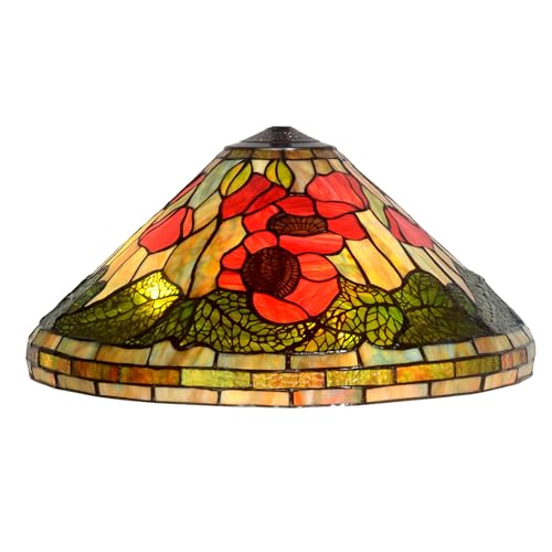 BOTOWI Tiffany Lampenschirm 20 Zoll breites Zubehör Ersatz nur roter Mohn Buntglas Lampenschirme Vintage rote Blumen grüne Blätter Lichtabdeckung für Tischlampe Pendelleuchte Stehlampe