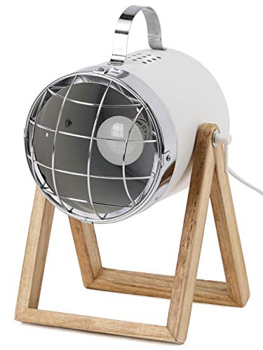 BRUBAKER Tischleuchte oder Bodenlampe Strahler Industrial Design - bis 42 cm Höhe - Fuß aus Holz - Scheinwerfer Metall Weiß