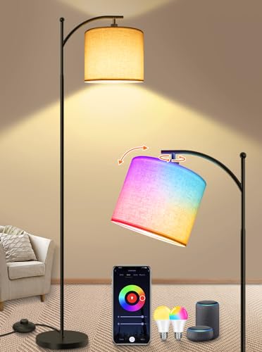 KingMile Stehlampe Wohnzimmer Stehlampe Dimmbar - WiFi RGBCW LED Standleuchte mit Alexa Google Home, Stoffschirm Leselampe APP Kontrolle Farbwechsel 9W E27 Modern Ecklampe für Wohnzimmer Schlafzimmer