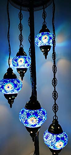 Stehlampe mit Erdung, 5 Kugeln, handgefertigt, türkisch, marokkanisch, Tiffany-Stil, Glas, inklusive Leuchtmittel (5 Kugeln, mehrfarbig) (blauer Stern)