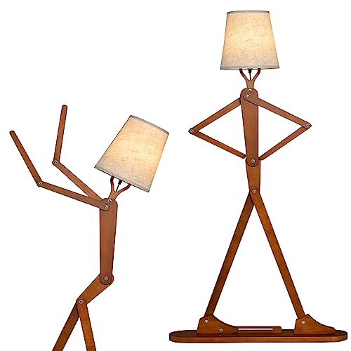 HOMASIS 160 cm humanoide Stehlampe, Stehbeleuchtung mit verstellbaren Gelenken aus Holz, Standbeleuchte mit auswechselbarer Haltung, Stehlampe mit Fußschalter für Wohnzimmer & Schlafzimmer, Braun