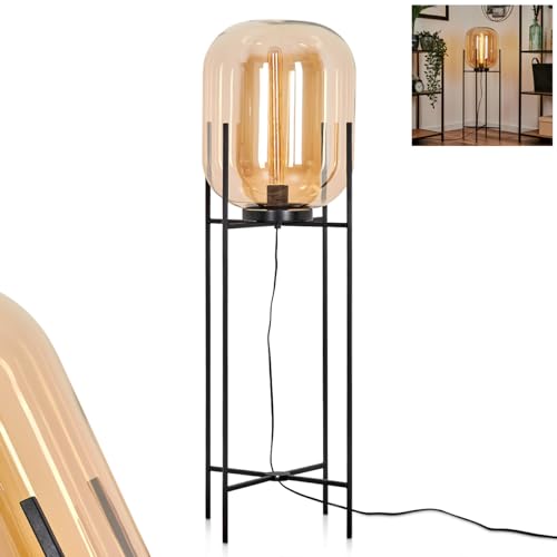 Stehleuchte Manzano, moderne Stehlampe aus Metall/Glas in Schwarz/Bernsteinfarben, Standleuchte mit Schirm aus Glas (Ø 30 cm), Fußschalter am Kabel, 1 x E27, ohne Leuchtmittel