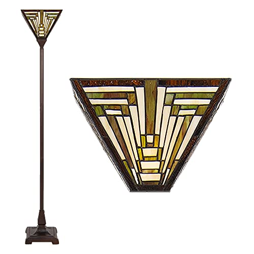 HAES DECO - Tiffany-Stehlampe Ø 31x186 cm Beigegrün Polyresinglas Rechteckige Stehlampe Tiffany-Lampe aus Buntglas