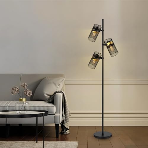 Home Deluxe - Stehlampe LUMOS - Schwarz/Gold, Blendfreies Licht, 54,5 x 165 cm, Metall/Rattan I Stehleuchten Bodenlampen Standlampe
