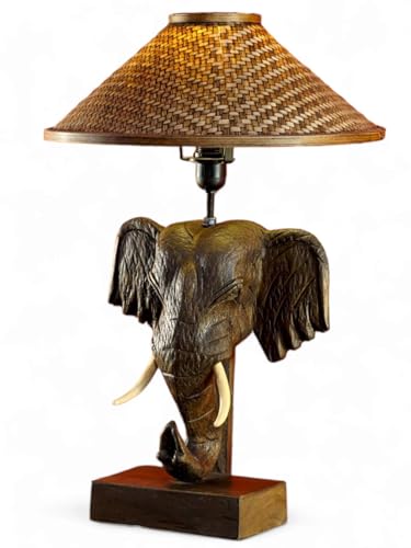 Kinaree Holz Tischlampe CHANG - Tischleuchte mit Lampenschirm - Stehlampe mit einem Elefantenkopf geeignet für Wohnzimmer, Schlafzimmer, Flur