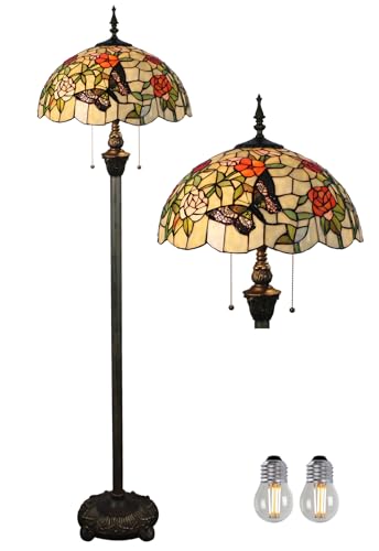Kinbolas Stehlampe Tiffany Style 16 Zoll Retro Schmetterling Blume Buntglas Lampenschirm leselampe Vintage stehende lampe Boho Art Deko Schlafzimmer Wohnzimmer standleuchte- Pedal Switch(Color:B-7)