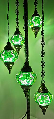 Stehlampe mit Erdung, 5 Kugeln, handgefertigt, türkisch, marokkanisch, Tiffany-Stil, Glas, inklusive Leuchtmittel, 5 Kugeln, mehrfarbig (grün)
