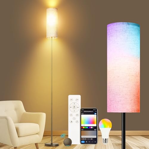 OTREN Stehlampe Wohnzimmer Dimmbar, WiFi RGBWW LED Stehleuchte 24W mit Fernbedienung Stufenlose Farbtemperaturen Ecklampe und Leinen Lampenschirm Kompatibel mit Alexa, Google Home