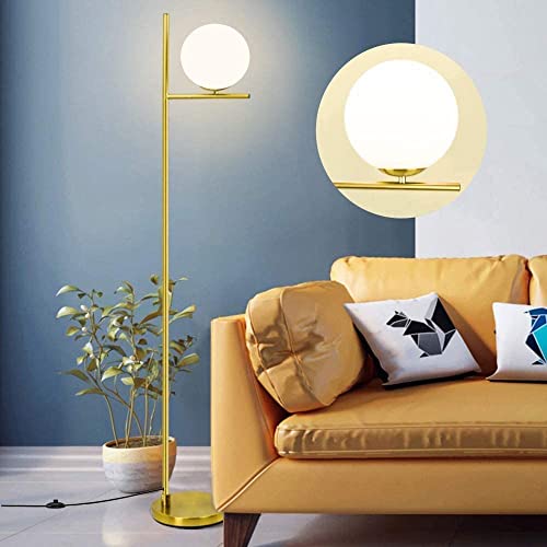 Depuley LED Stehlampe Gold mit E27 Leuchtmittel, Moderne Stehleuchte Glaskugel mit Fußschalter, Augenschutz Standlampe Leselampe für Wohnzimmer Schlafzimmer Büro Esszimmer Flur Deko