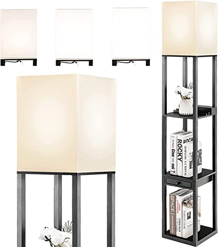 RELAX4LIFE Stehlampe, Standleuchte Holz mit 3-Ebenen, 1 Schublade, 2 USB-Anschlüsse, Einstellbare Helligkeit, Bodenlampe im Modern-Style, Stehleuchte für Wohnzimmer, Schlafzimmer, Büro