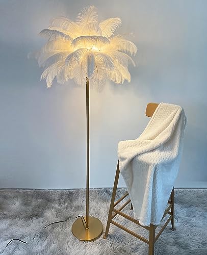 YQGOO Federlampe Stehlampe Federn Lampe,Palm Tree Straußenfedern Stehlampen,1,6m Hoch 3 Farben Dimmbar,Wohn/Schlafzimmer mit Knopfschalter Dekorbeleuchtung(White)