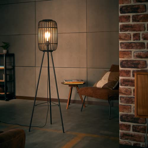Lightbox stilvolle Dreibein-Lampe - Stehleuchte im Nature-Style mit Fußschalter - Metall/Bambus Braun/Schwarz - 1,3m Höhe