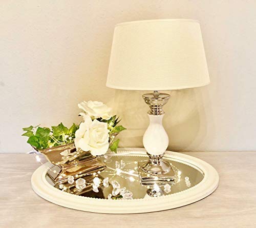 DRULINE Tischlampe Lampe Nachttisch leuchte mit Schirm Klassische Dekoration fürs Schlafzimmer | Wohnzimmer | Esszimmer| aus Keramik Mittel | L x B x H 30 x 30 x 47 cm | Weiß Silber Weiß