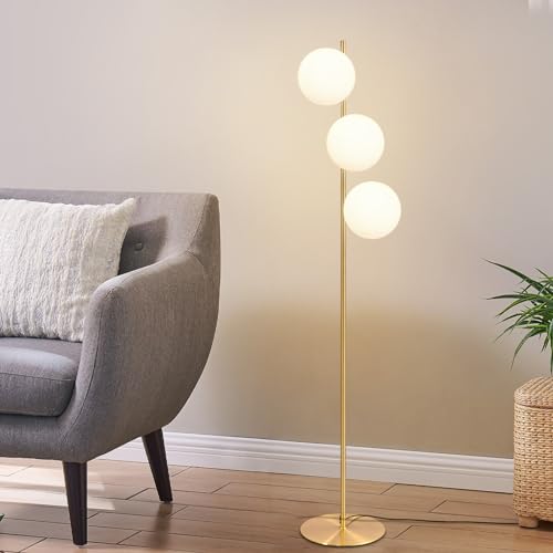 ZMH Stehlampe Wohnzimmer Modern Stehleuchte - Standleuchte E27 Gold Design Standlampe 3 Flammig mit Fußschalter Metall aus Weiß Glas Industrial Bodenlampe für Schlafzimmer Büro