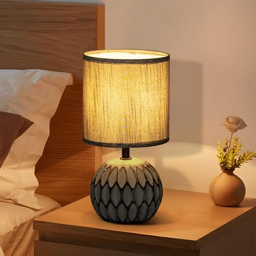 Aigostar Tischlampe Keramik Tischleuchte Lampe für Nachttisch Beistelltisch Nachttischlampe Stoffschirm E14 Vintage Retro