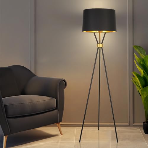 Home Deluxe - Stehlampe LUNA - Schwarz/Gold, Blendfreies Licht, 54,5 x 165 cm, Metall/Rattan I Stehleuchten Bodenlampen Standlampe