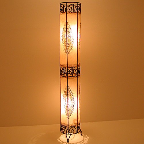 Orientalische Hennalampe marokkanische Stehlampe XL Kadous H130 cm Weiss | Kunsthandwerk aus Marrakesch | Handbemalte Lederlampe handgefertigte Hennaleuchte aus echtem Leder | L1048