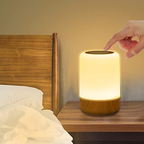  Nachttischlampe Touch Dimmbar, Kabellos 8 Farben und 3 Modi, Holzmaserung Nachtlicht Batterie USB Aufladung Timer Schlafzimmer (Walnussfarbe)