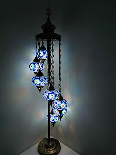 Stehlampe mit Erdung, 7 große Kugeln, einzigartig, handgefertigt, türkisches Mosaikglas, inklusive Leuchtmittel, Blau