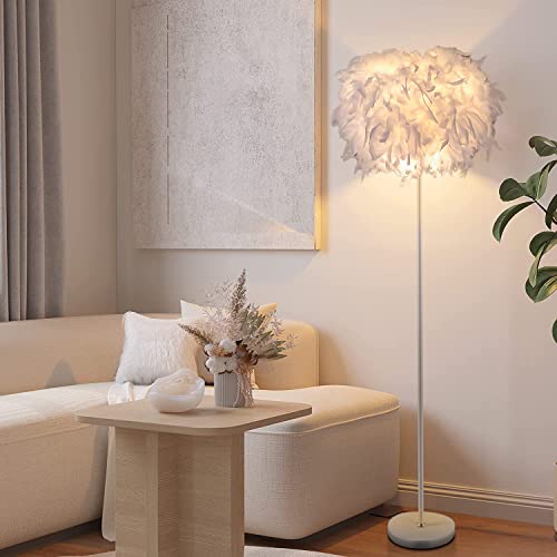 ELINKUME Stehlampe, durchscheinende Feder-Stehlampe, Standleuchte für Schlafzimmer und Wohnzimmer, schlichter, moderner Stil (Weiß, Tretschalter, Warmes Licht, E27-Lampenfassung)