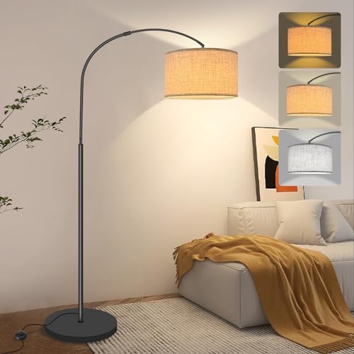 Fortand, LED Stehleuchte 3 Farbtemperaturen 12W E27 Modern Standleuchte Leselampe Leinen Lampenschirm &Fussschalter Retro für Schlafzimmer