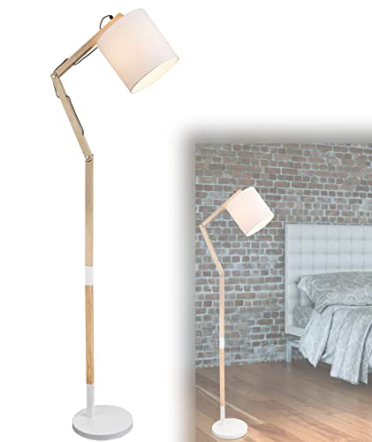 bmf-versand® Stehlampe Wohnzimmer Retro - Stehleuchte Textilschirm Holz - Standleuchte Schlafzimmer Höhe 172 cm - Standlampe Verstellbar - Leselampe Schlafzimmer Weißer Stoff Lampenschirm