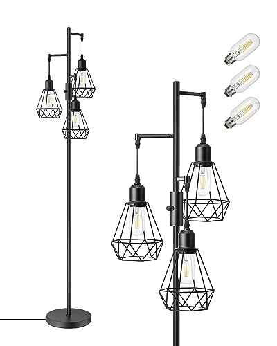 EDISHINE Stehlampe Led Dimmbar, 3 Flammige Vintage Stehlampe mit E27 Leuchtmittel, Industrial Design aus Metall, Käfig Lampenschirm, für Wohnzimmer, Schlafzimmer, Esszimmer