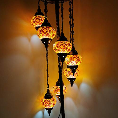 Earthed Stehlampe, 7 Kugeln, handgefertigt, türkisch, marokkanisch, Tiffany-Stil, Orange, Glas