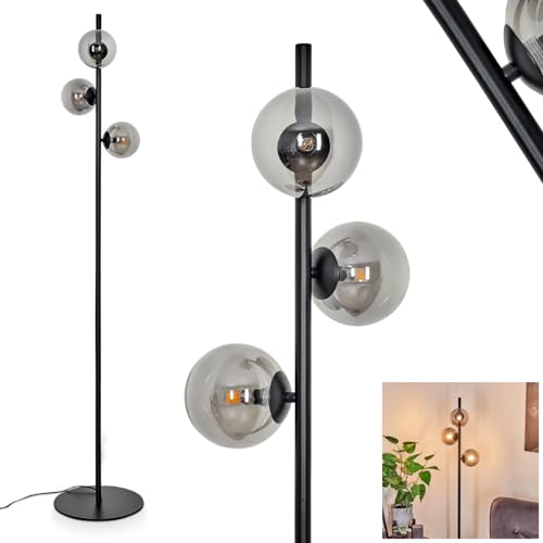 Stehleuchte Remaisnil, moderne Stehlampe aus Metall/Glas in Schwarz/Rauchglas, Standleuchte mit Schirmen aus Glas (Ø 12 cm), mit Fußschalter am Kabel, 3 x G9, ohne Leuchtmittel