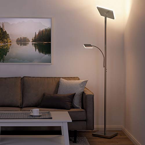 LeuchtenDirekt LED Stehlampe dimmbar | Deckenfluter mit Leselampe, Edelstahl | Moderne Stehleuchte, Lesearm verstellbar |warmweisses Licht für Wohnzimmer, Büro und Schlaftimmer