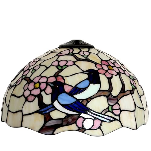 AIBOTY 16-Zoll-Lampenschirm aus rosa-blauem Buntglas, nur Ersatz, pastoraler Vogelblumen-Lampenschirm im Tiffany-Stil für Tischlampe, Schreibtischlampe, Stehlampe, Deckenleuchte