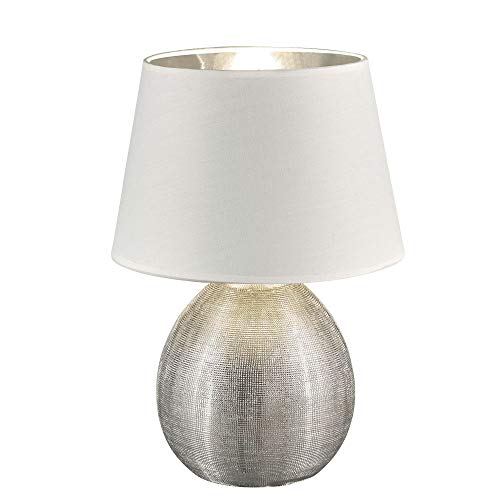 Tischlampe Silber Tischleuchte, LED Warmweiß 5W 470lm, Textil-Schirm Weiß, Design Nachttischlampe, Leselampe, H 35 cm