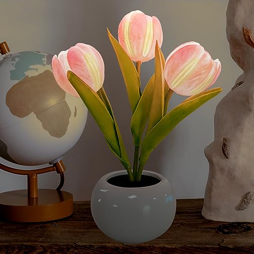 YATOSEEN Tulpe Lampe, Tischlampe Schreibtisch Lampe Blume Ornamente Led Simulation Tulpe Nachtlicht mit Keramik Vase, für Haus Wohnzimmer Desktop Dekor (Rosa Tulpen)
