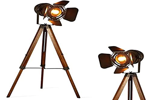 Barcelona LED Vintage Stehleuchte Tripod Stehlampe Deckenfluter im Cinema Stil, mit Dreifuß aus Holz Stativ Holz, Studiolampe, Studioleuchte, Wohnzimmerlampe, Wohnzimmerleuchte, LV 234