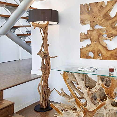 Möbel Bressmer - BLUMA Stehlampe Teakholz - 100% Handarbeit aus nachhaltigem Holz - Sockel 30cm Höhe 180cm - Treibholz Lampe Wohnzimmer inkl. Lampenschirm Schwarz