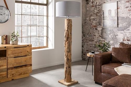 Licht-Erlebnisse Stehlampe Holz Designerleuchte 160cm aus echtem Teakholz Leinen Schirm Moderne Wohnzimmer Lampe